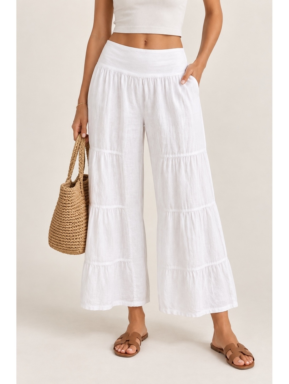 White Linen Tiered Wide Leg Palazzo Pants Foldover Waist Boho Coastal Resort